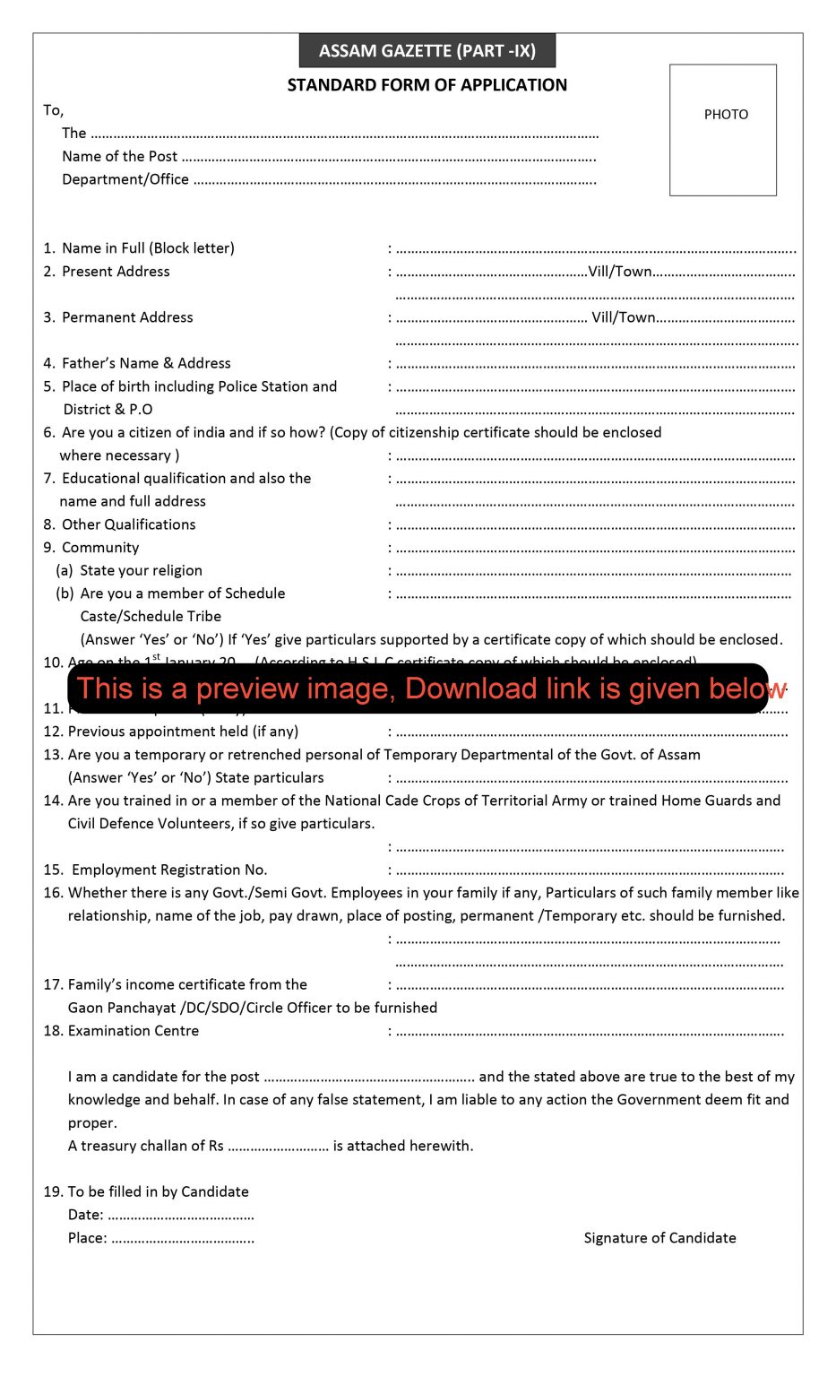 Standard Form of Application Assam Gazette Part IX PDF Download